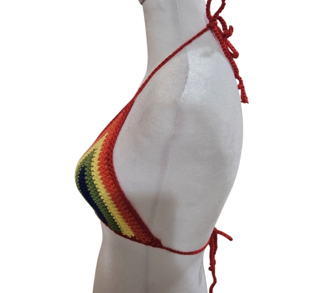 Handmade Crochet Crop-Top Rainbow Colors Deep V Swimming Cover-up top Colorful - Picture 5 of 17